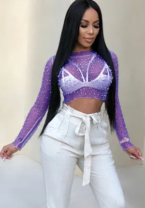 Elegant Beaded See-Through Mesh Long Sleeve Top for Chic Career Style