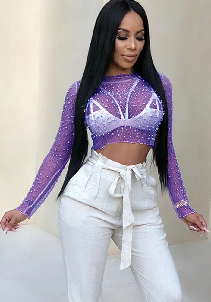 Elegant Beaded See-Through Mesh Long Sleeve Top for Chic Career Style