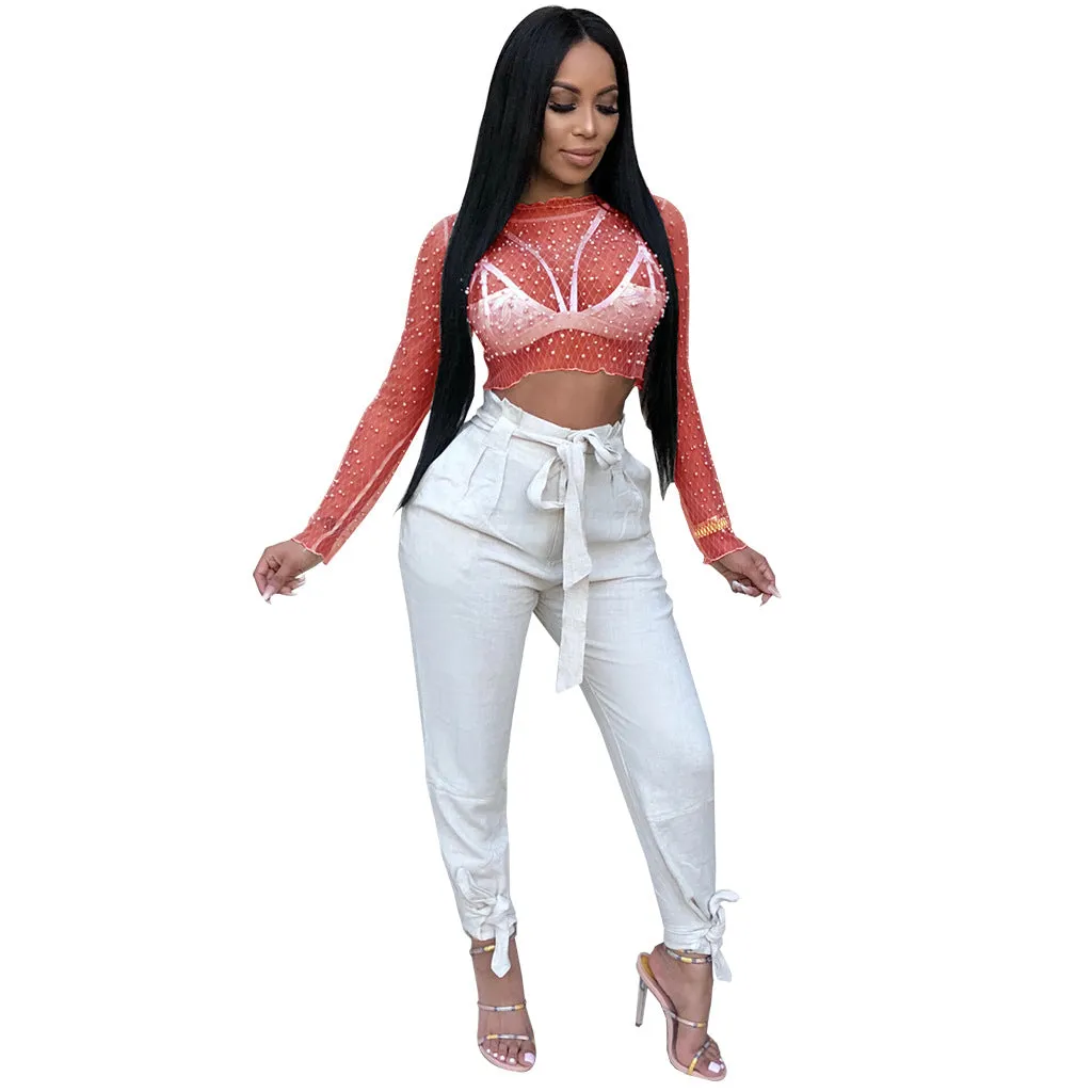 Elegant Beaded See-Through Mesh Long Sleeve Top for Chic Career Style