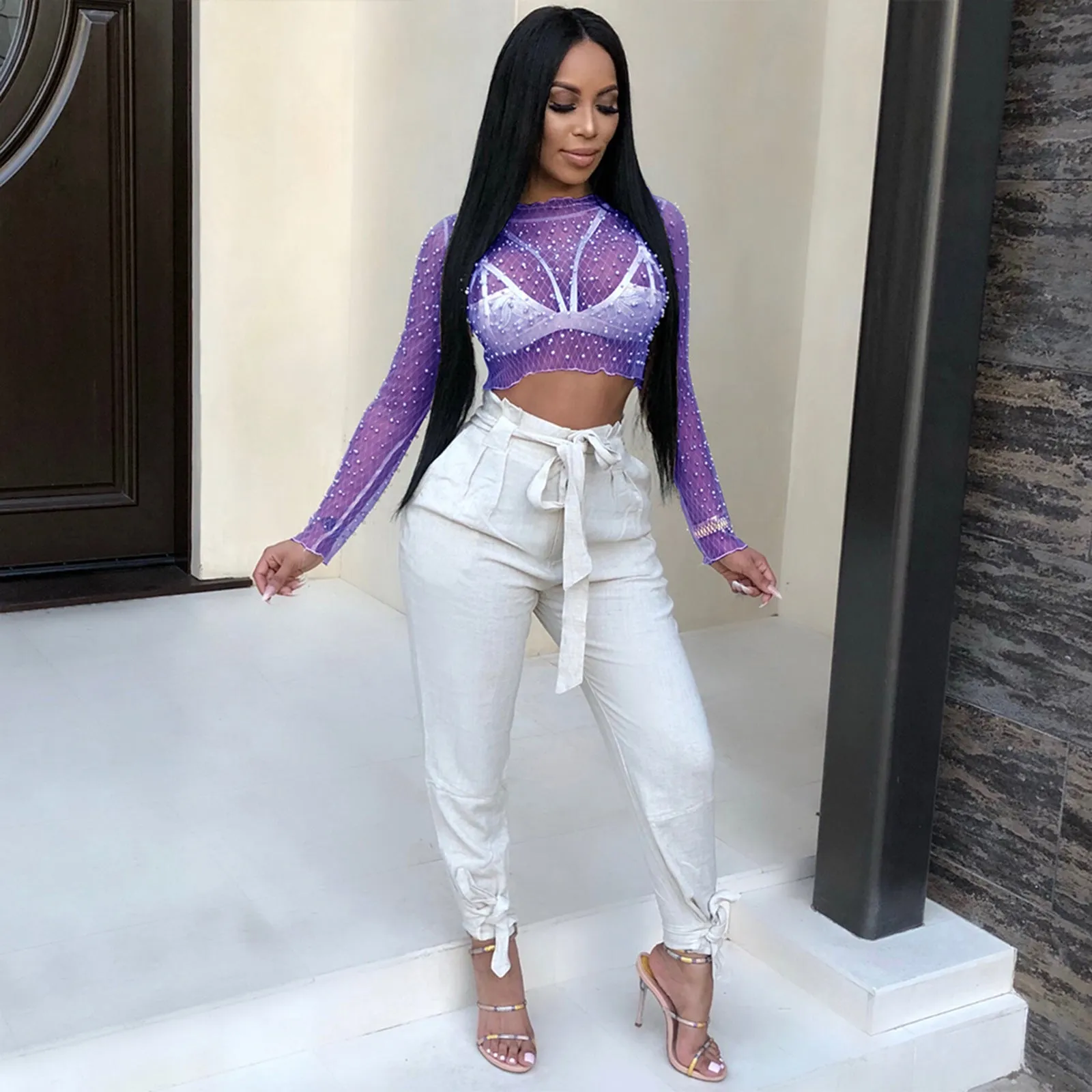 Elegant Beaded See-Through Mesh Long Sleeve Top for Chic Career Style