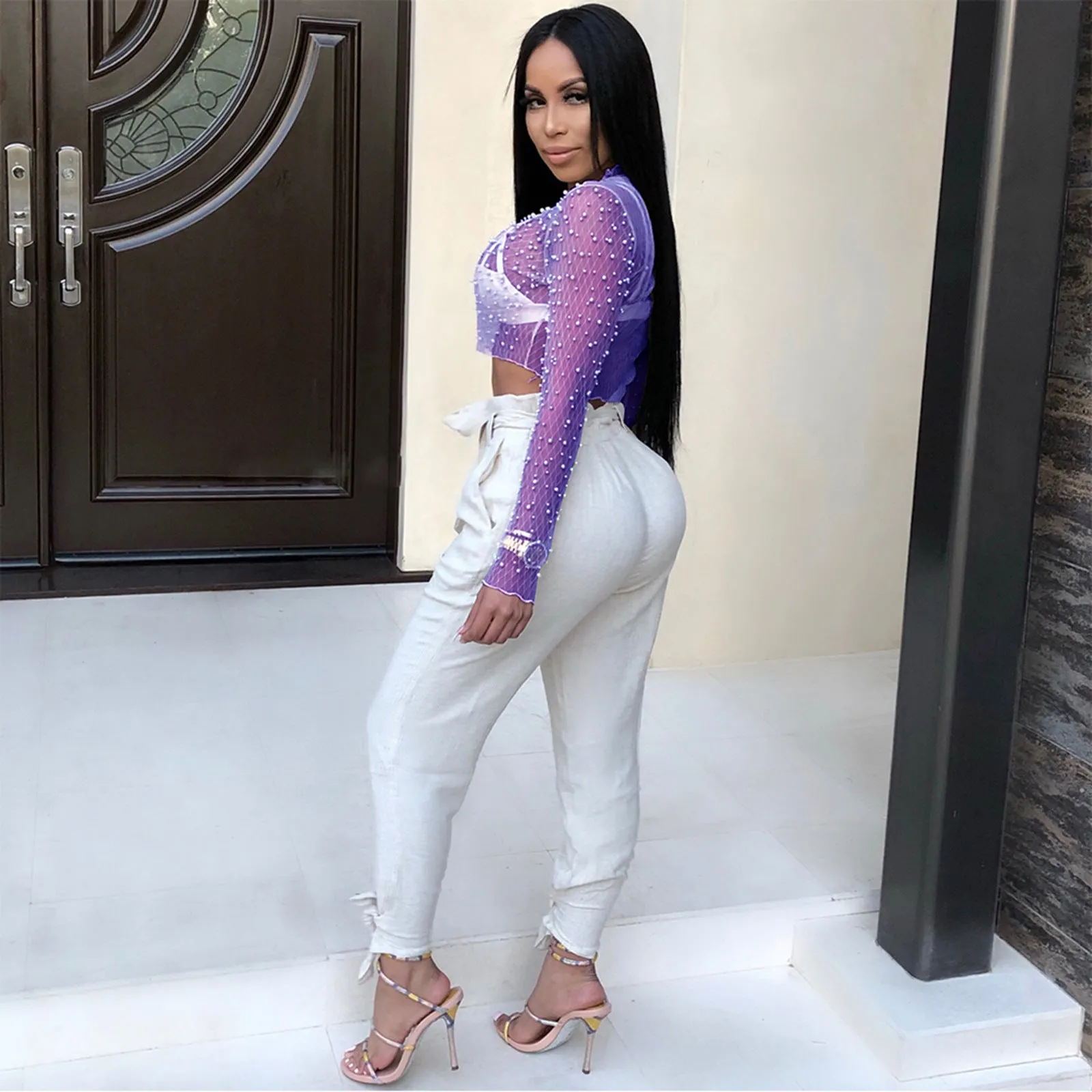 Elegant Beaded See-Through Mesh Long Sleeve Top for Chic Career Style