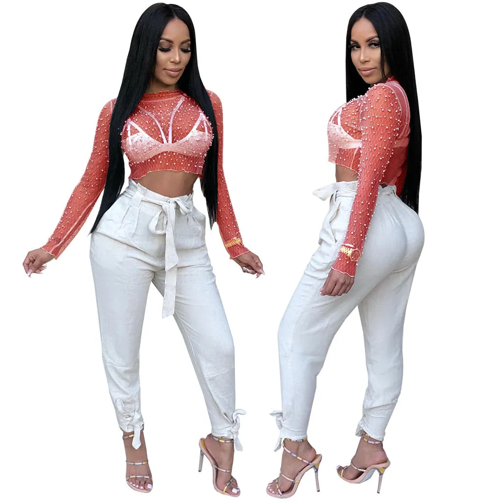 Elegant Beaded See-Through Mesh Long Sleeve Top for Chic Career Style