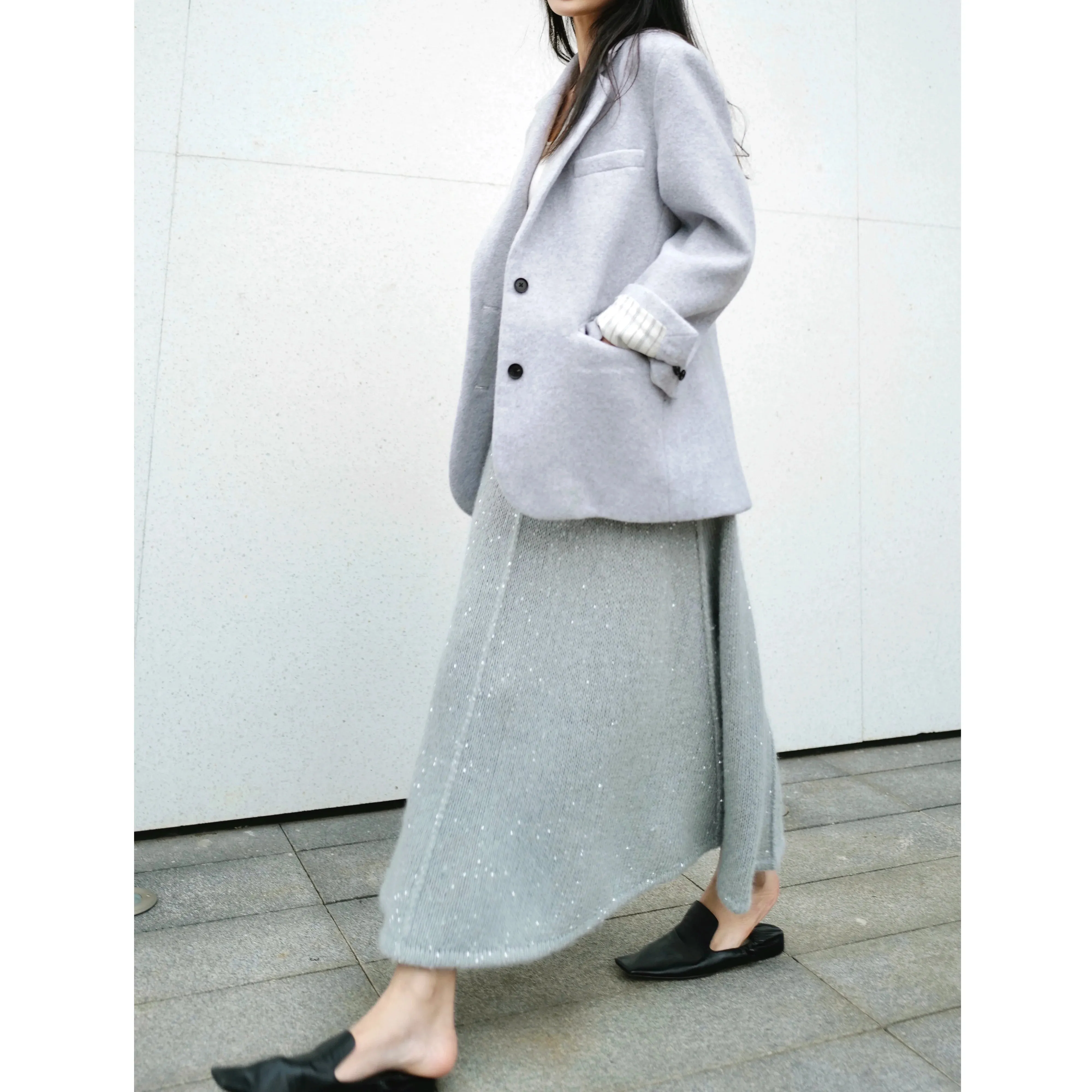 Elegant Gray Blazer and Sequin Skirt