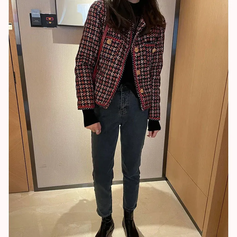 Elegant Weave Plaid Women Blazer Pocket Plus Velvet Winter Causal Tweed Coat Office Ladies Suit Jacket