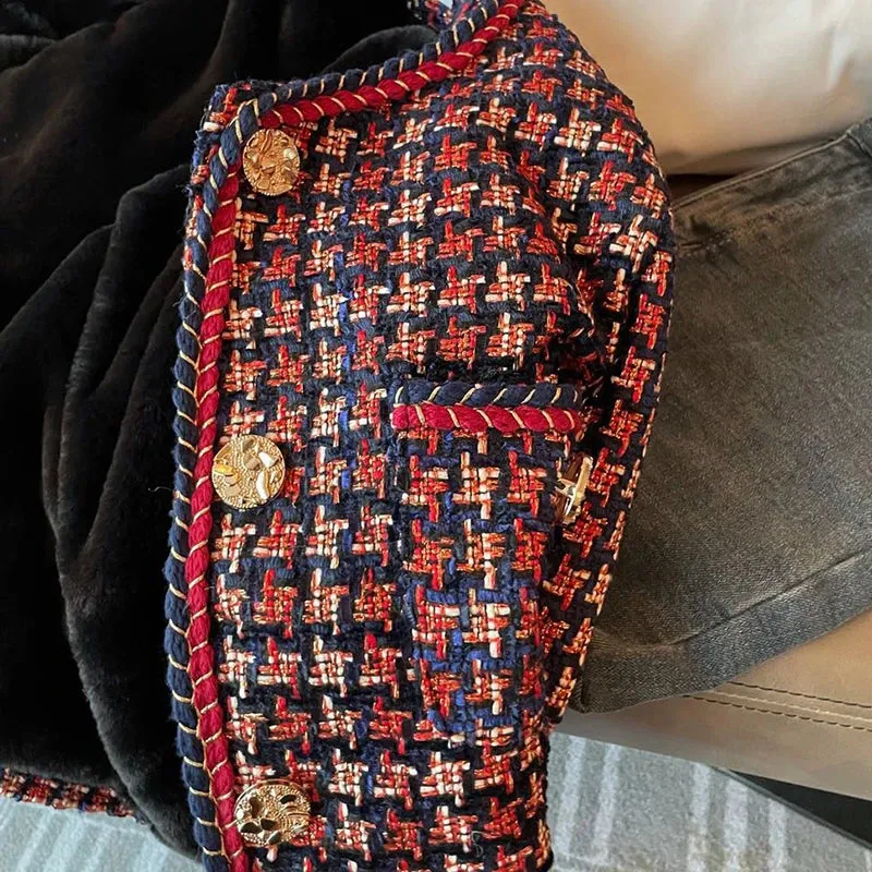 Elegant Weave Plaid Women Blazer Pocket Plus Velvet Winter Causal Tweed Coat Office Ladies Suit Jacket
