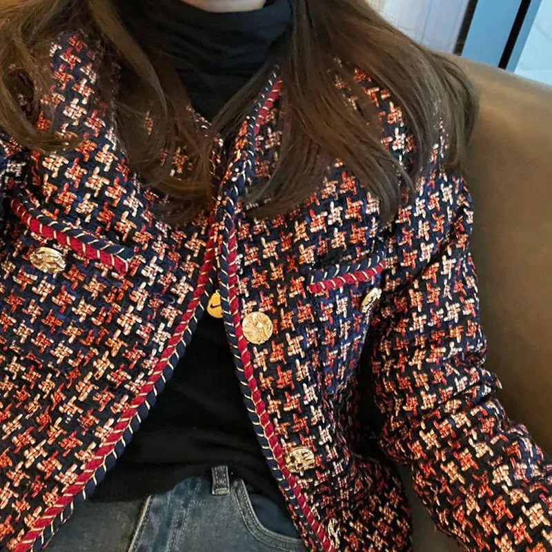 Elegant Weave Plaid Women Blazer Pocket Plus Velvet Winter Causal Tweed Coat Office Ladies Suit Jacket