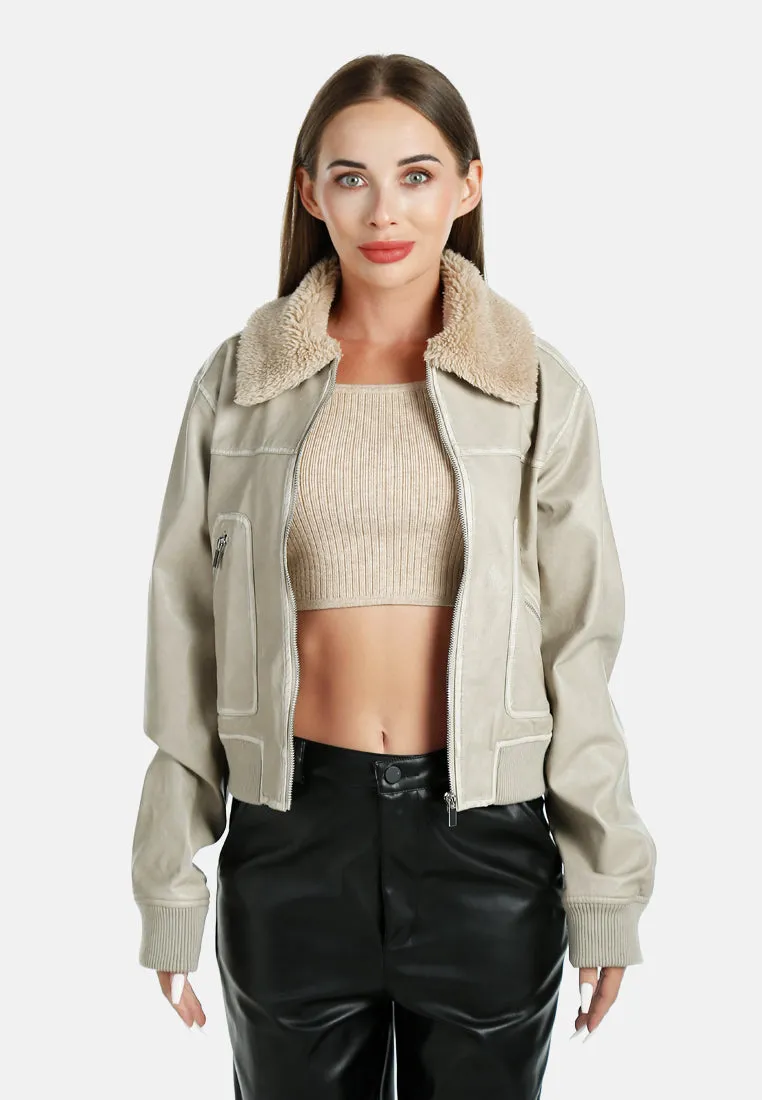 Faux Fur Contrast Collar Cropped Jacket By RUW