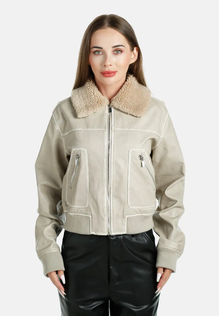 Faux Fur Contrast Collar Cropped Jacket By RUW