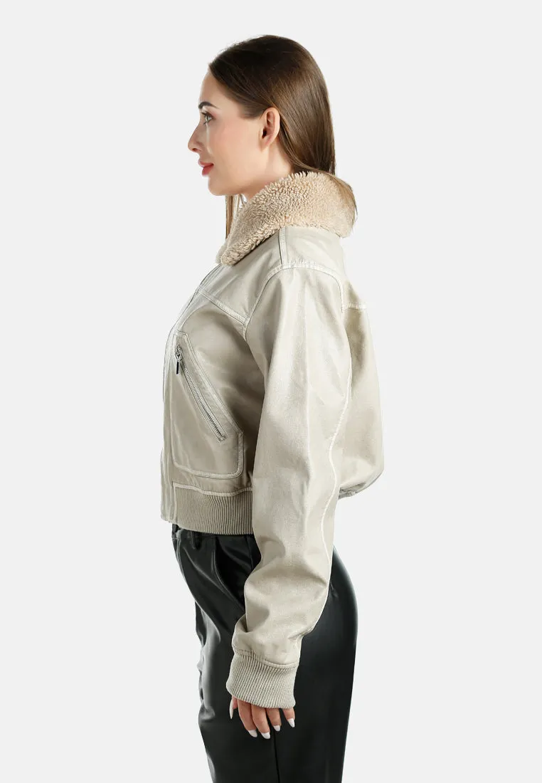 Faux Fur Contrast Collar Cropped Jacket By RUW