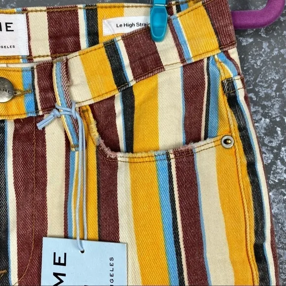 😍FRAME Denim Le High Painterly Stripe Straight Leg yellow brown funky fun jeans