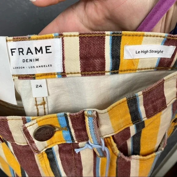 😍FRAME Denim Le High Painterly Stripe Straight Leg yellow brown funky fun jeans