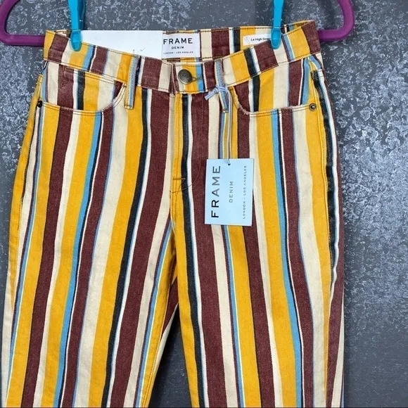 😍FRAME Denim Le High Painterly Stripe Straight Leg yellow brown funky fun jeans