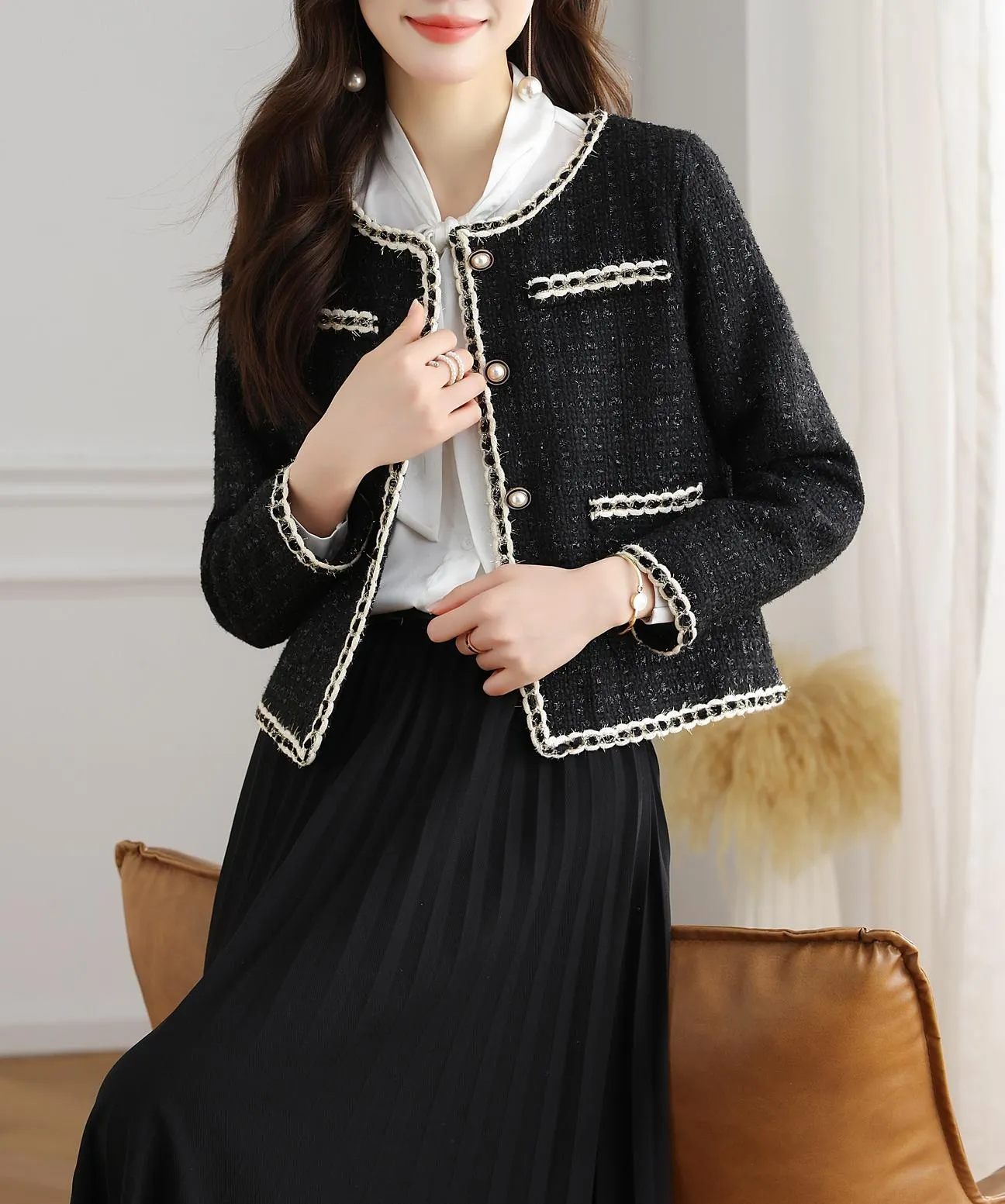 French-Inspired Women's Black Blazer with Button-up Closure