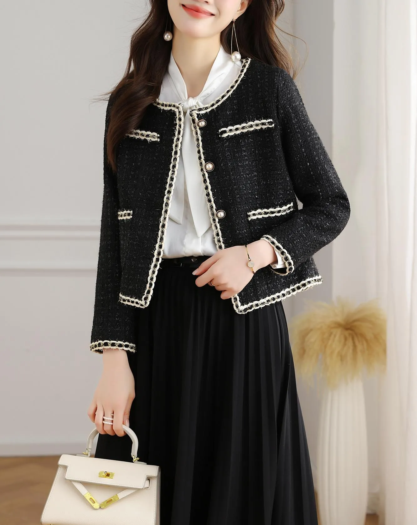French-Inspired Women's Black Blazer with Button-up Closure
