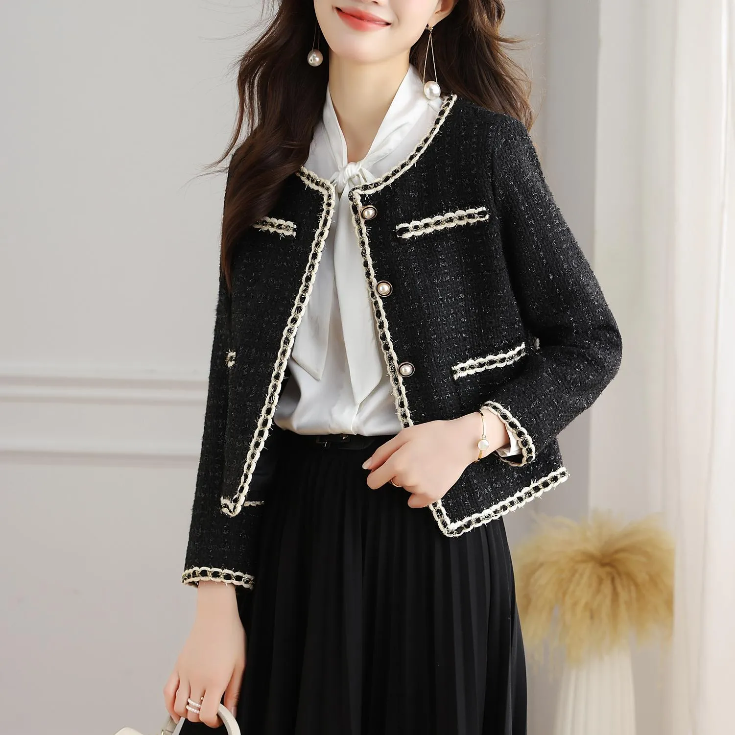 French-Inspired Women's Black Blazer with Button-up Closure