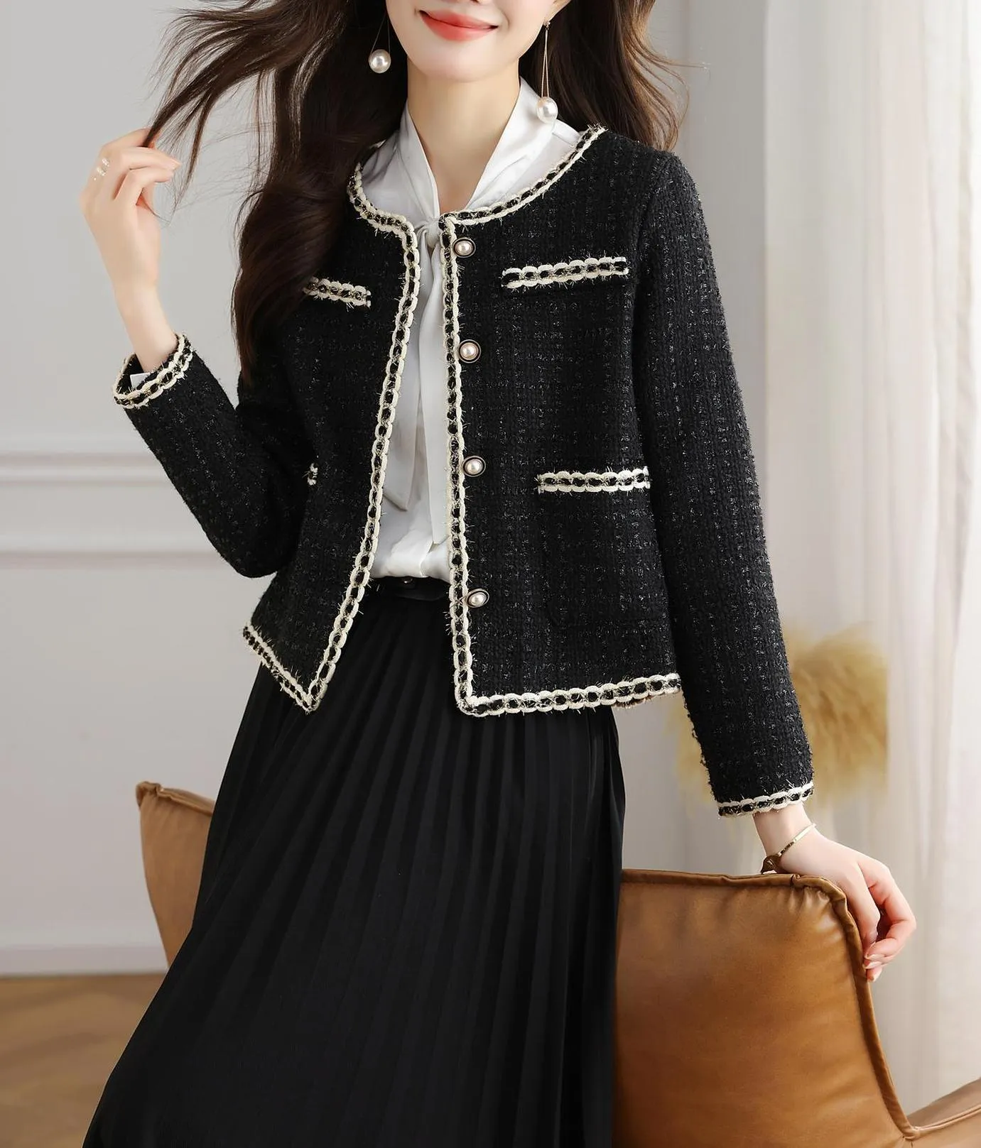 French-Inspired Women's Black Blazer with Button-up Closure