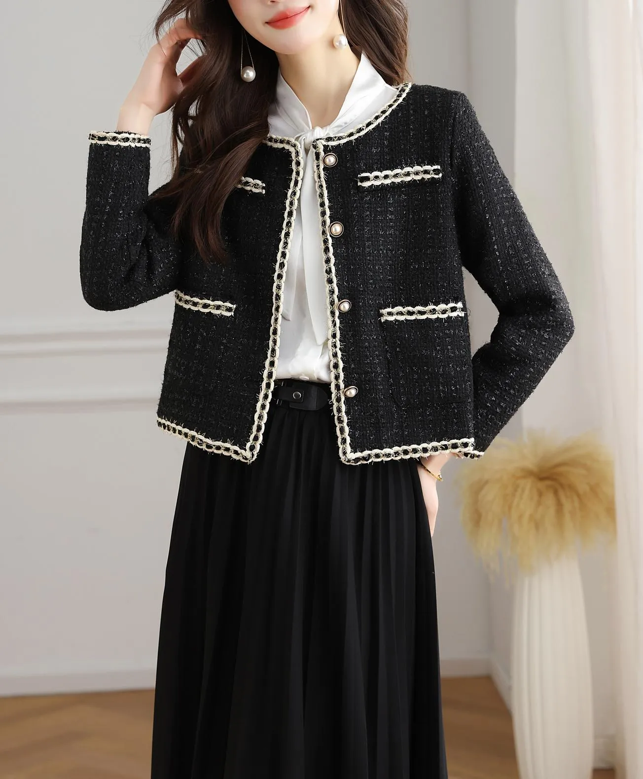 French-Inspired Women's Black Blazer with Button-up Closure