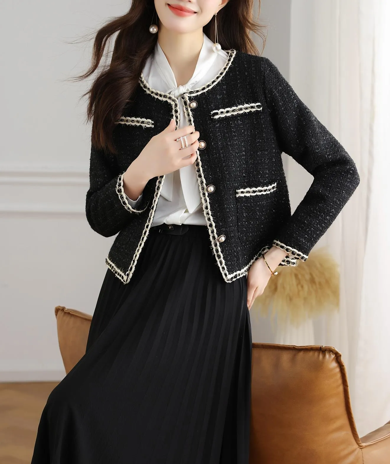 French-Inspired Women's Black Blazer with Button-up Closure