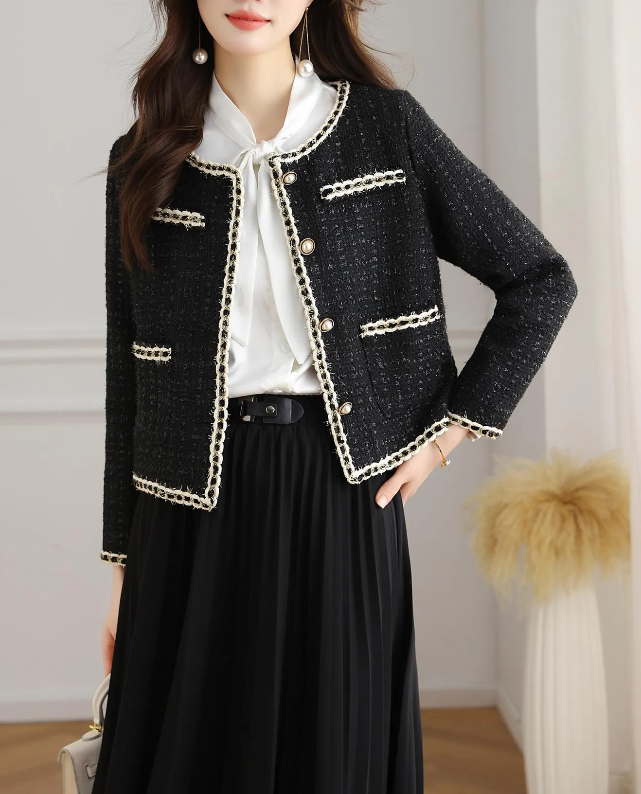 French-Inspired Women's Black Blazer with Button-up Closure