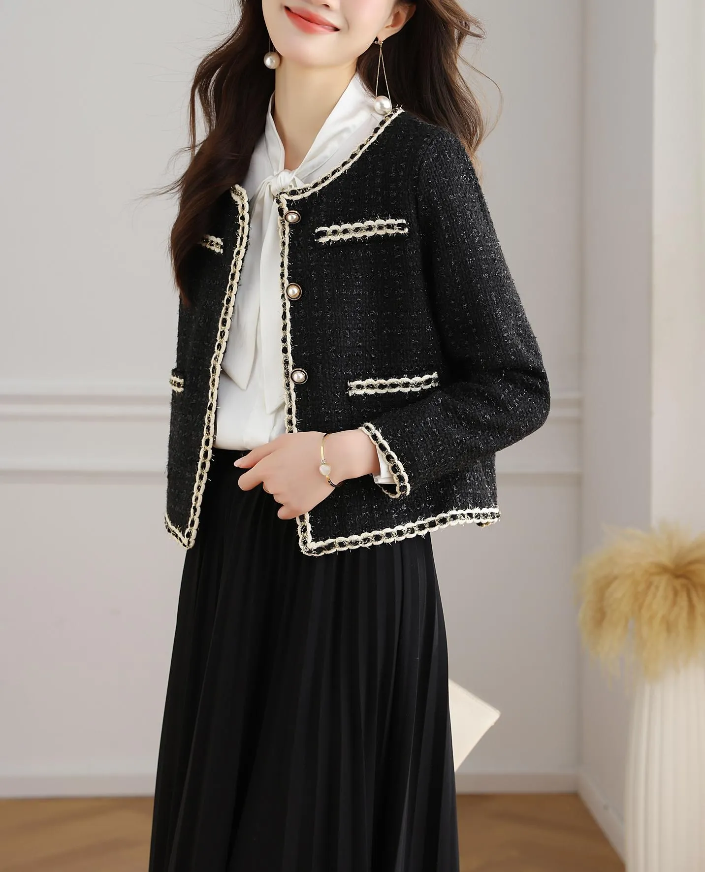 French-Inspired Women's Black Blazer with Button-up Closure