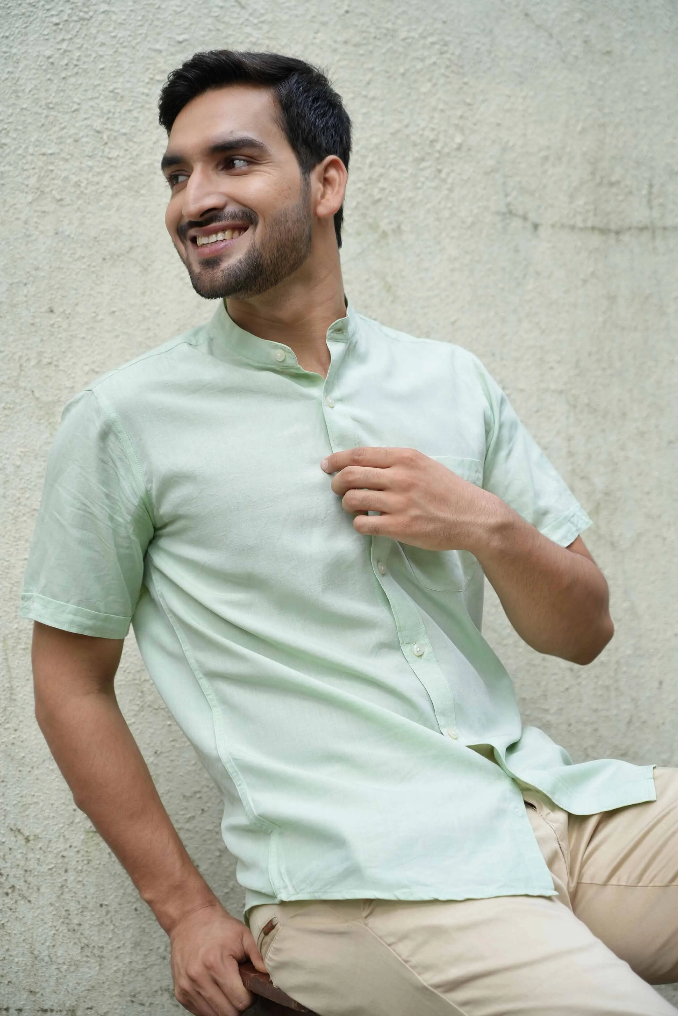Fresh Green · Half Sleeve Mandarin Collar Shirt