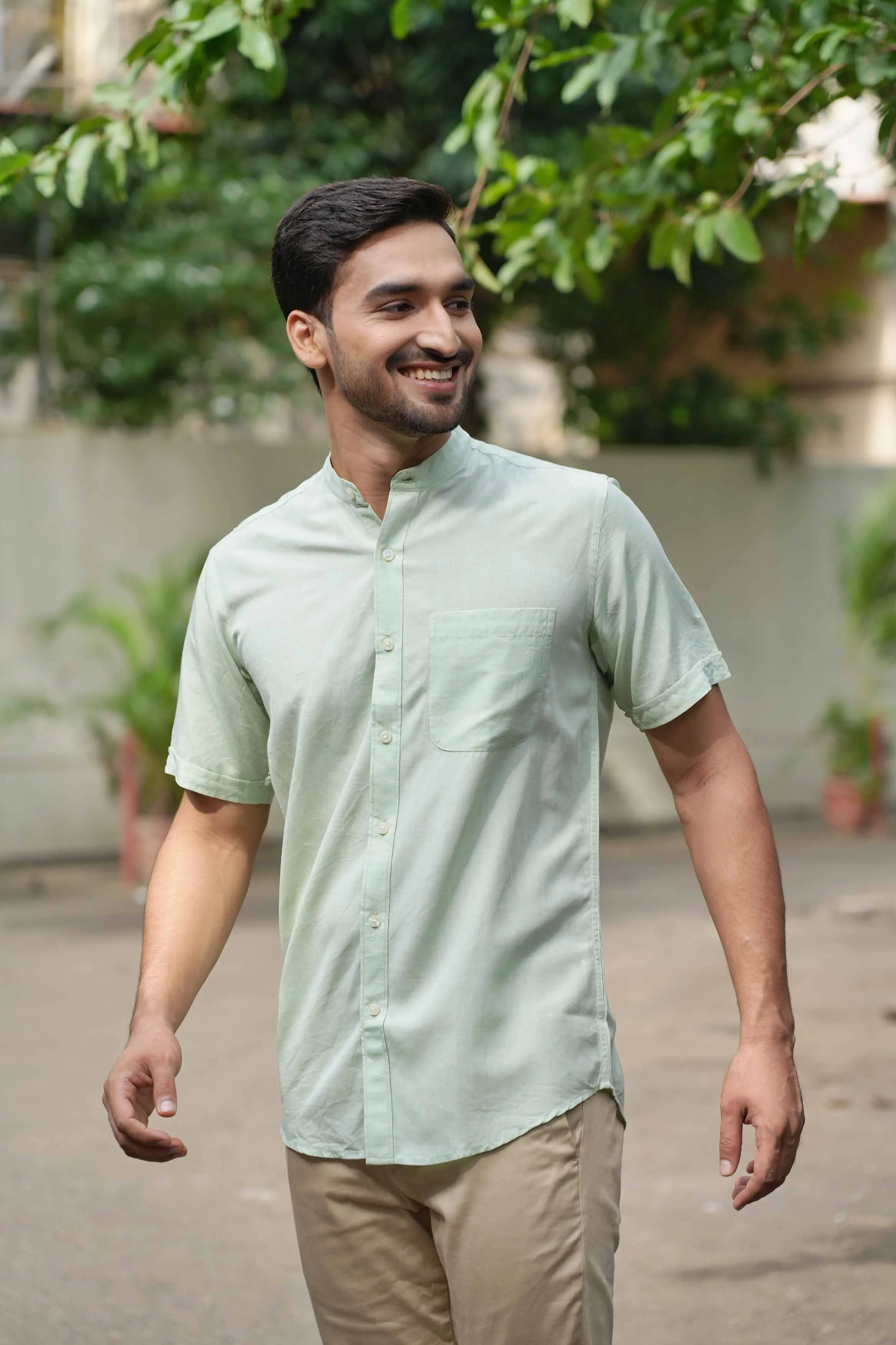 Fresh Green · Half Sleeve Mandarin Collar Shirt