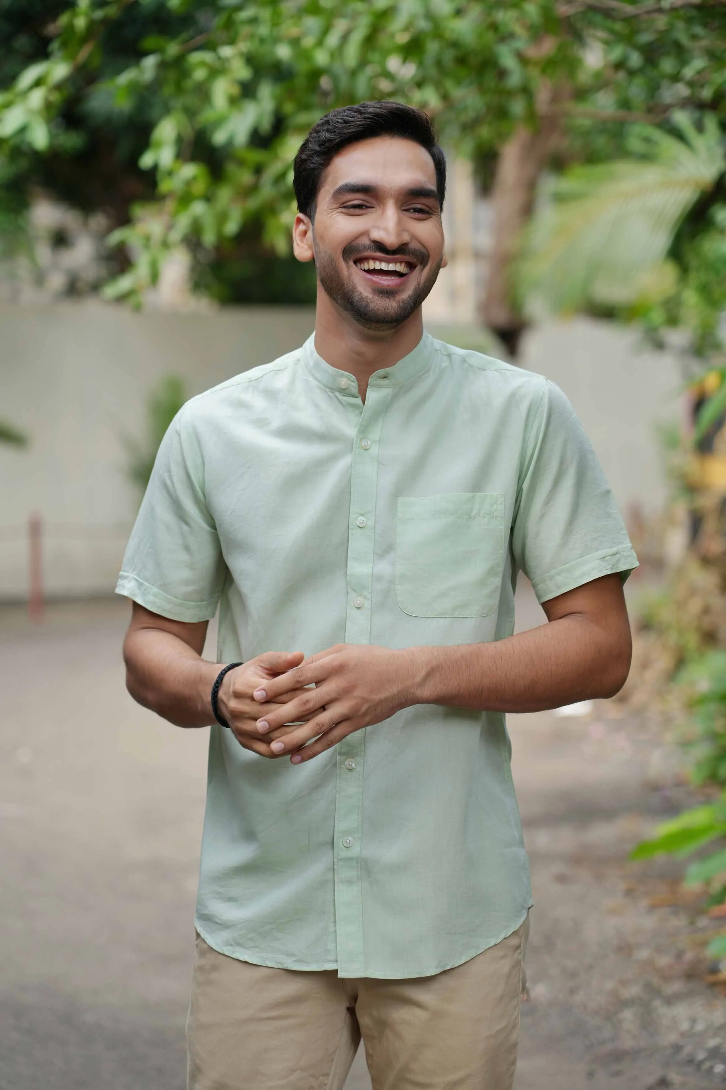 Fresh Green · Half Sleeve Mandarin Collar Shirt