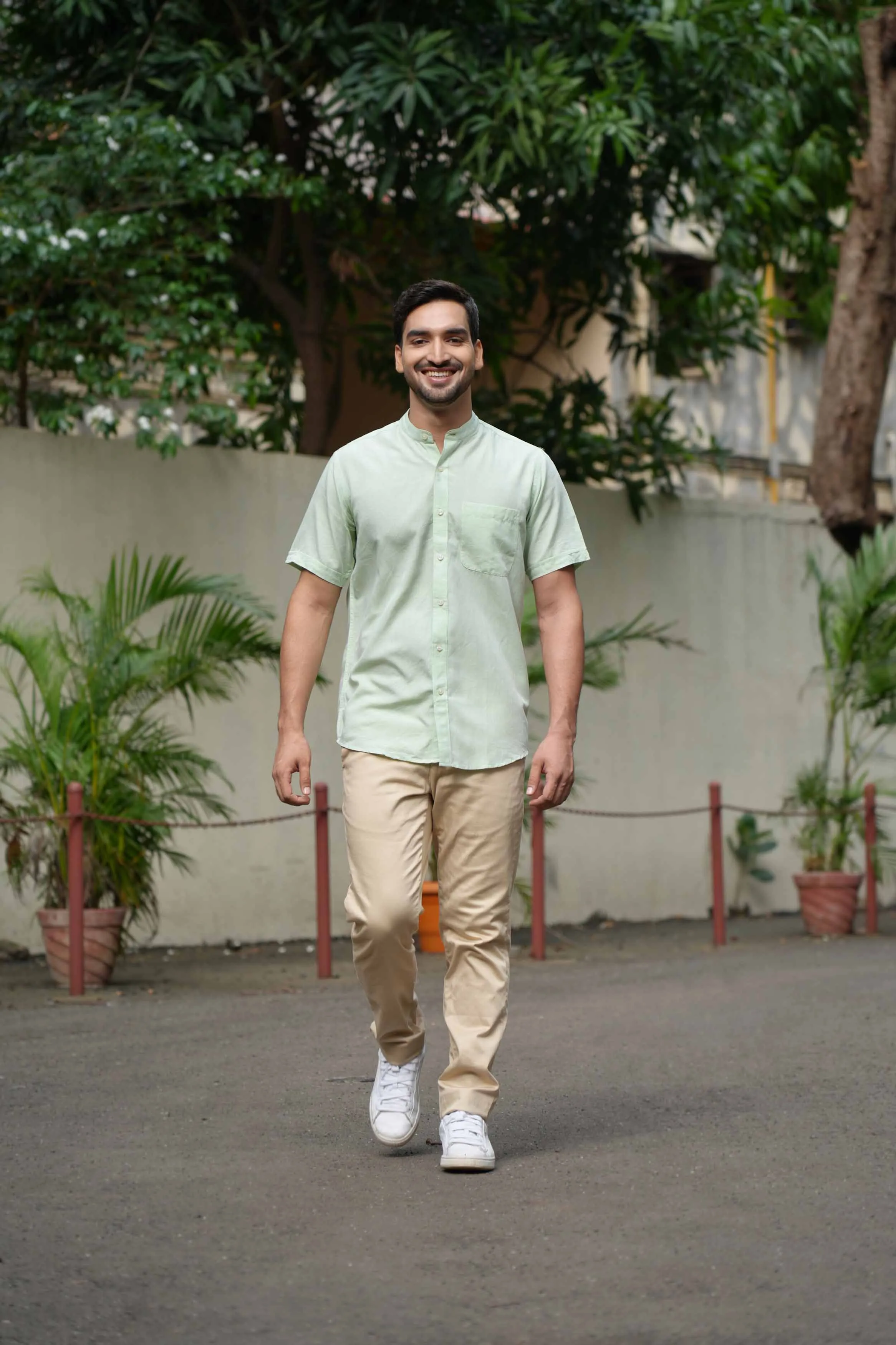 Fresh Green · Half Sleeve Mandarin Collar Shirt