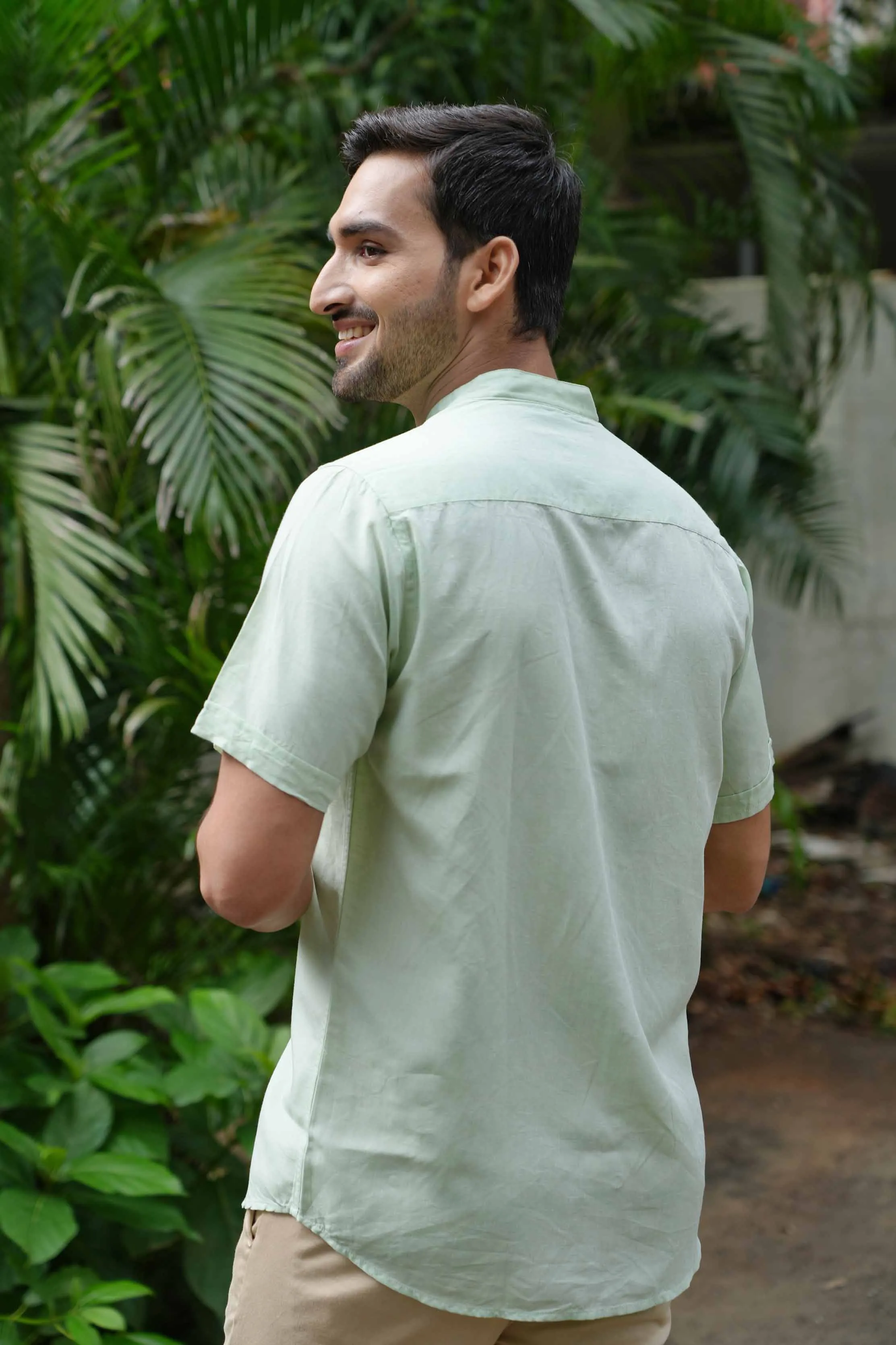 Fresh Green · Half Sleeve Mandarin Collar Shirt