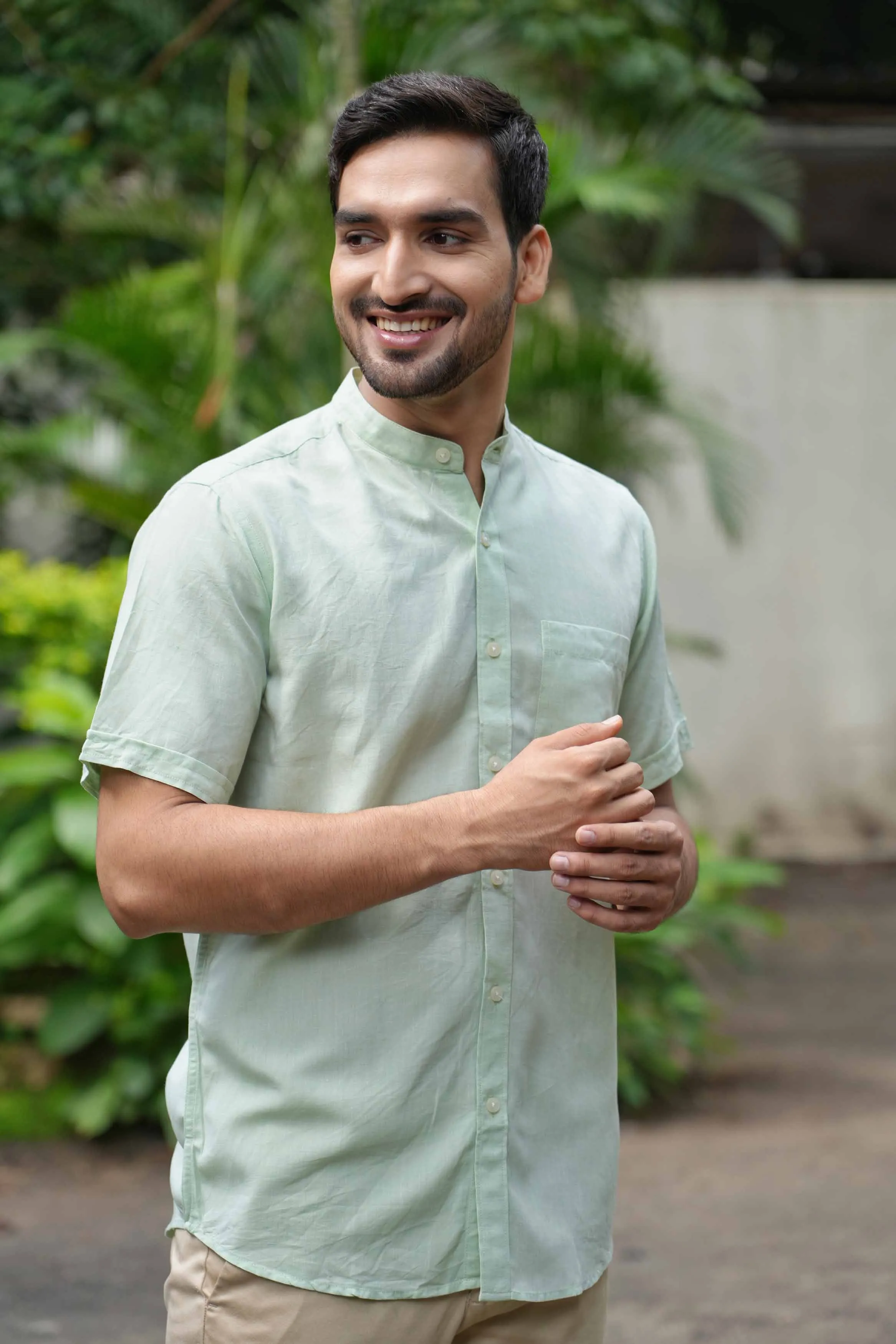 Fresh Green · Half Sleeve Mandarin Collar Shirt