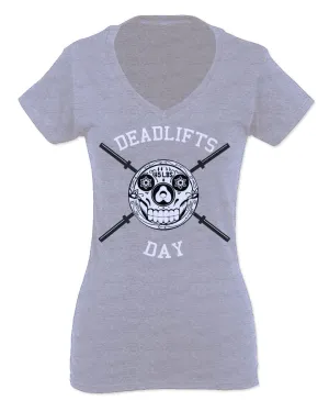 Front Graphic Skull Deadlifts Day Fitness Gym Tough Workout For Women V neck fitted T Shirt