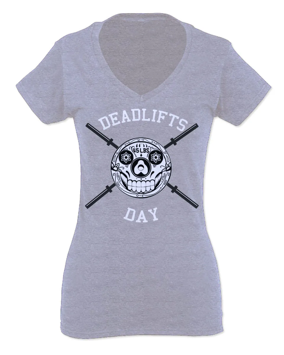 Front Graphic Skull Deadlifts Day Fitness Gym Tough Workout For Women V neck fitted T Shirt