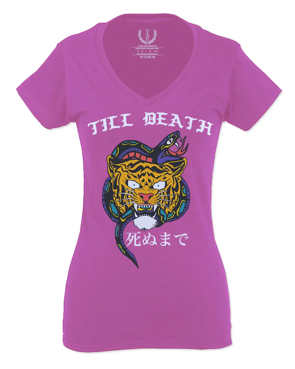 Front Tiger Graphic Japanese Till Death Good Vibes OBEI Society For Women V neck fitted T Shirt