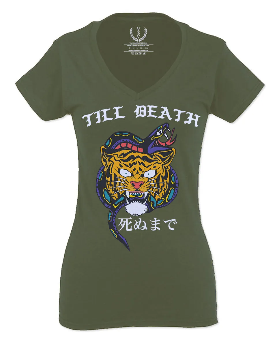 Front Tiger Graphic Japanese Till Death Good Vibes OBEI Society For Women V neck fitted T Shirt