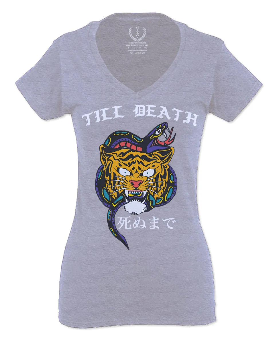Front Tiger Graphic Japanese Till Death Good Vibes OBEI Society For Women V neck fitted T Shirt