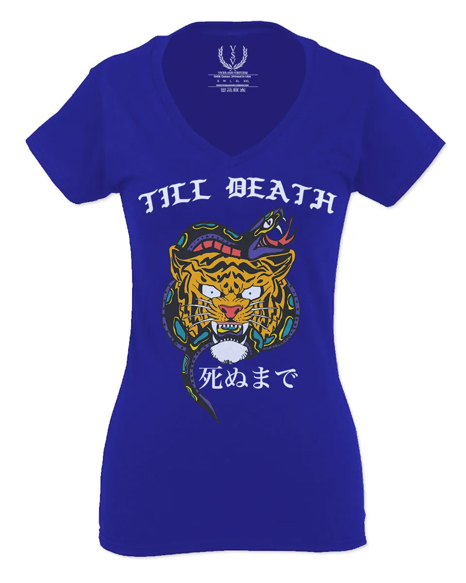 Front Tiger Graphic Japanese Till Death Good Vibes OBEI Society For Women V neck fitted T Shirt
