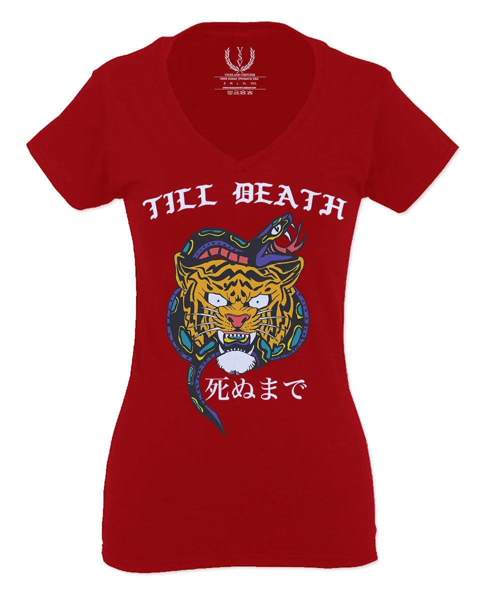Front Tiger Graphic Japanese Till Death Good Vibes OBEI Society For Women V neck fitted T Shirt