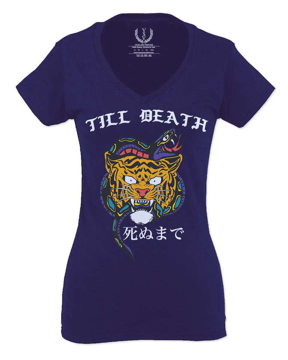 Front Tiger Graphic Japanese Till Death Good Vibes OBEI Society For Women V neck fitted T Shirt