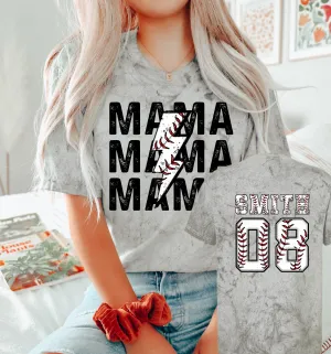 Front/Back Comfort Colors Color Blast Baseball Mama Lightning Bolt With Name Tee/ Baseball Mom Shirt