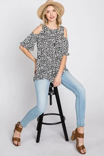 Full Size Leopard Round Neck Cold Shoulder T-Shirt