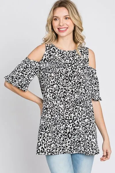 Full Size Leopard Round Neck Cold Shoulder T-Shirt