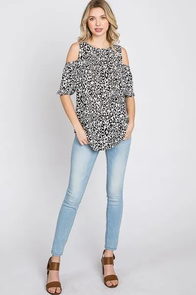 Full Size Leopard Round Neck Cold Shoulder T-Shirt