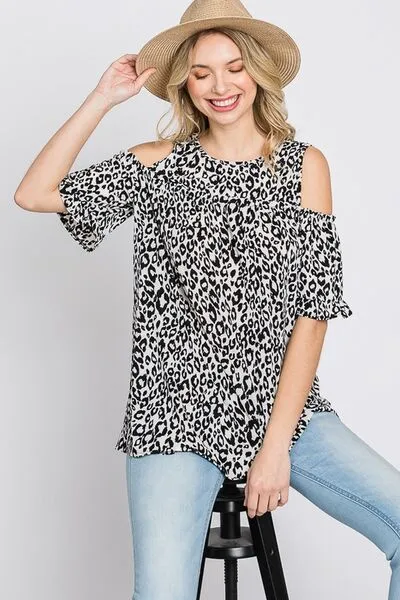 Full Size Leopard Round Neck Cold Shoulder T-Shirt