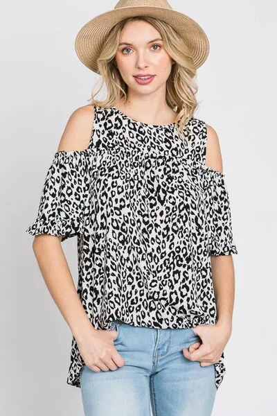 Full Size Leopard Round Neck Cold Shoulder T-Shirt