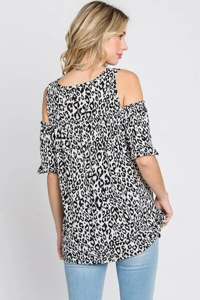 Full Size Leopard Round Neck Cold Shoulder T-Shirt