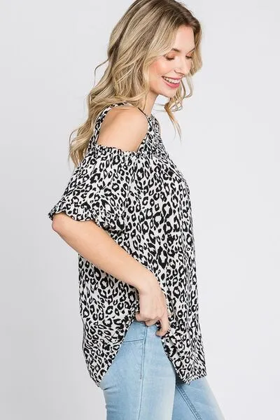 Full Size Leopard Round Neck Cold Shoulder T-Shirt