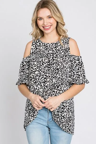 Full Size Leopard Round Neck Cold Shoulder T-Shirt