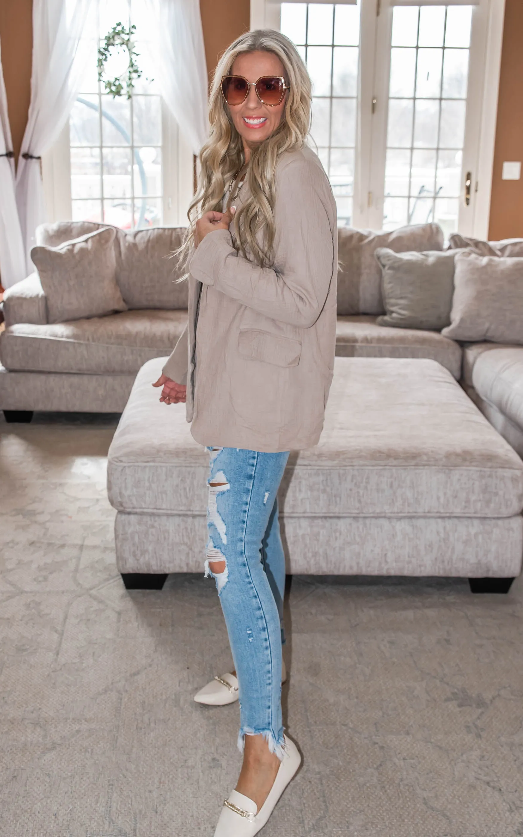Gauze Front Roll Up Sleeve Blazer - Final Sale