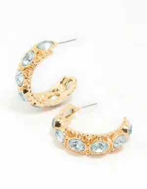 Gold Blue Stone Textured Hoop Earrings