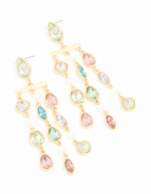 Gold Multicoloured Diamante Pear Drop Earrings